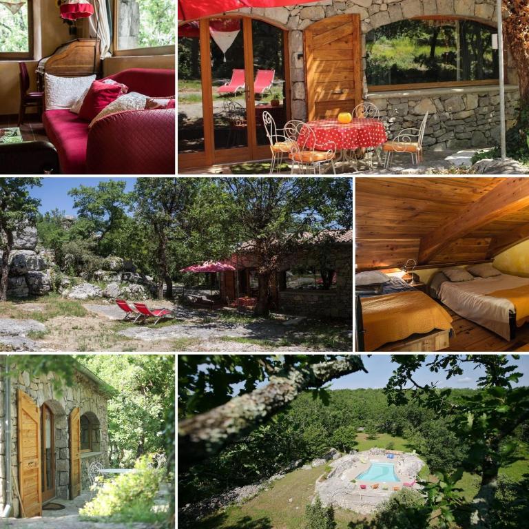 un collage de photos d'une maison dans l'établissement Hébergement insolite en pleine nature & piscine 2 à 11 p - Gites Les Princes à LANAS, à Lanas