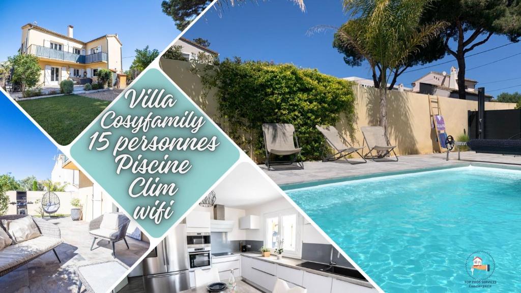 kolaż zdjęć basenu i domu w obiekcie VILLA COSYFAMILY PISCINE WIFI 15MIN PLAGE idéal FAMILLE - TopProsConciergerie w mieście Pérols
