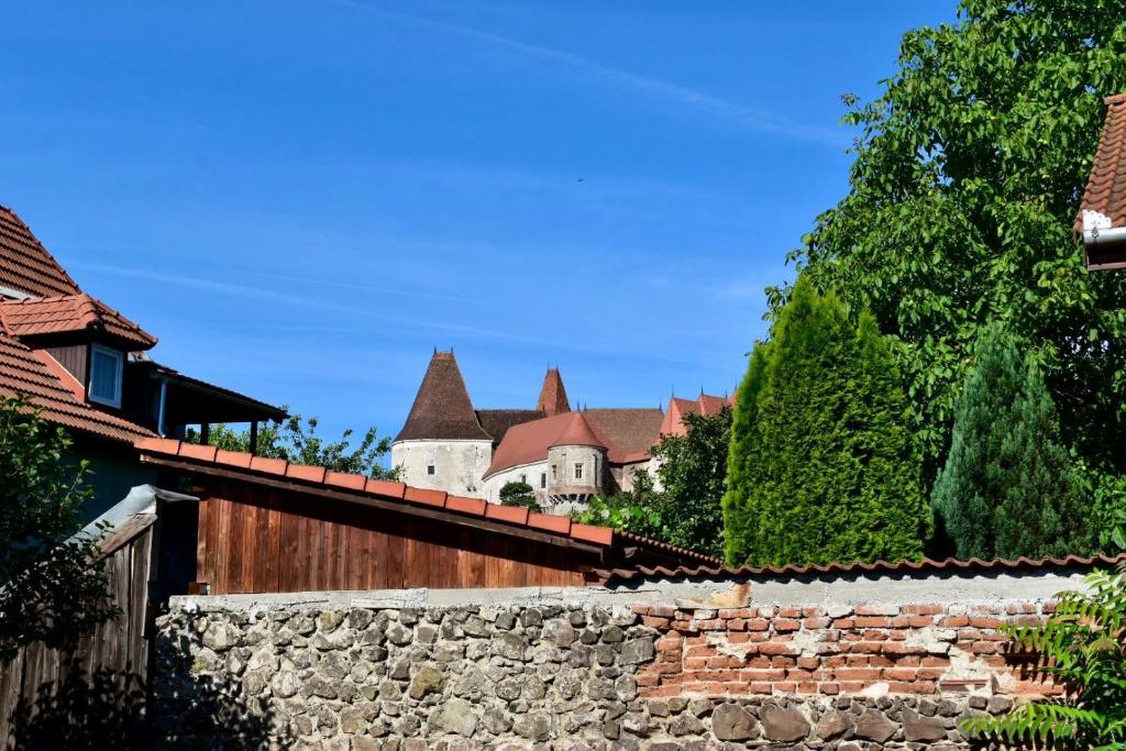 una pared de piedra con un castillo en el fondo en Transilvania rent, en Hunedoara