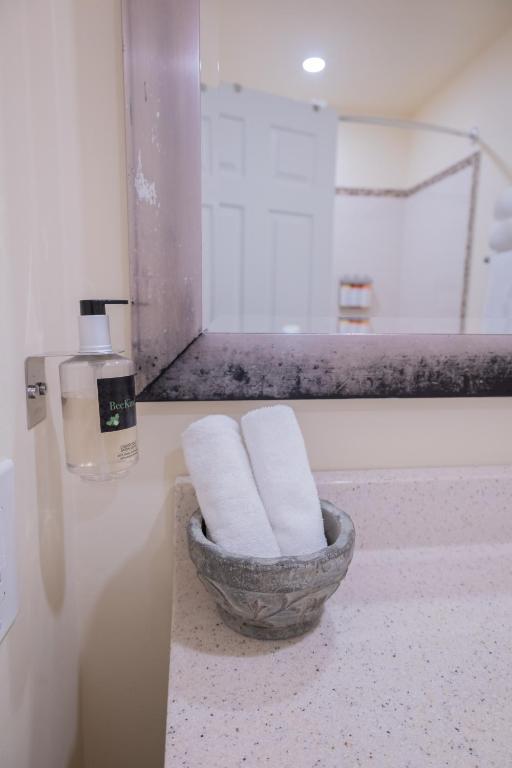 a bathroom with a bowl of towels on a counter at ByWard Blue Inn in Ottawa