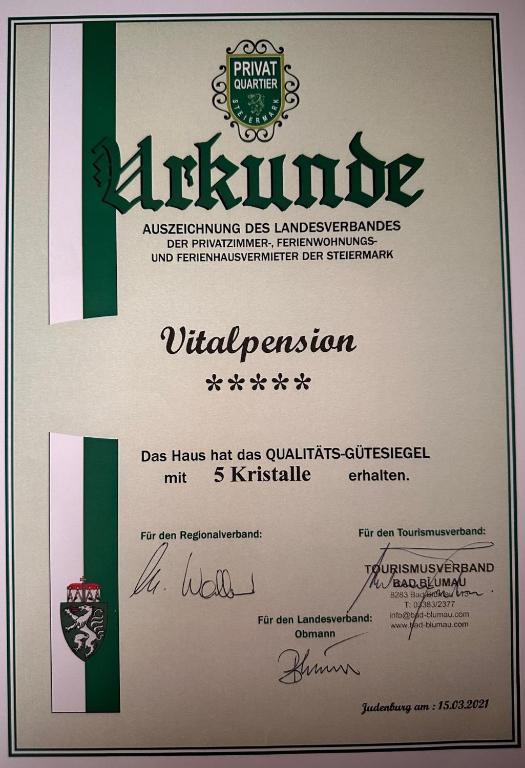 Certifikát, hodnocení, plakát nebo jiný dokument vystavený v ubytování Vitalpension Bad Blumau - ADULTS ONLY