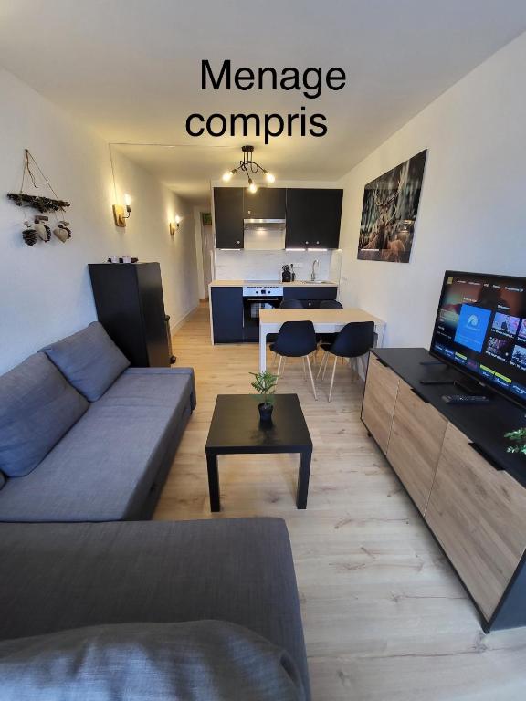 un salon avec un canapé et une table dans l'établissement Résidence le WAALA , face aux pistes, à Les Deux Alpes