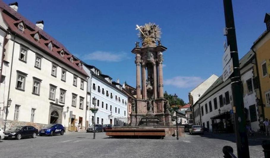 un grande monumento nel mezzo di una strada cittadina di Apartmán Zlaté časy na Trojici a Banská Štiavnica
