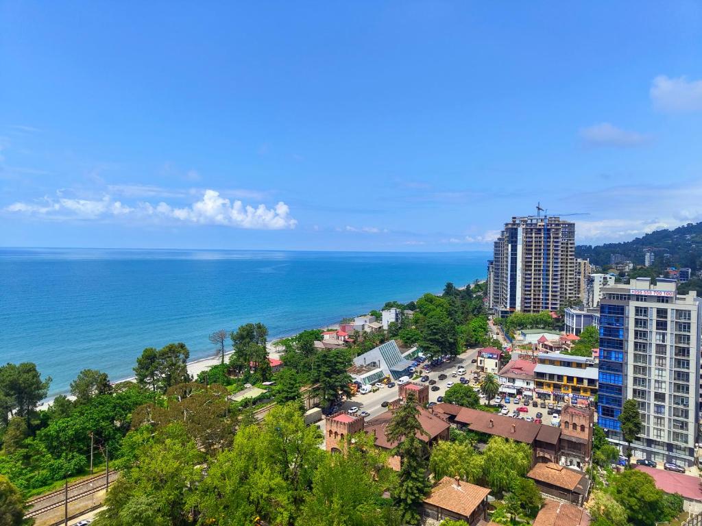 an aerial view of a city and the ocean at Queen Tamara Apartments in Makhinjauri