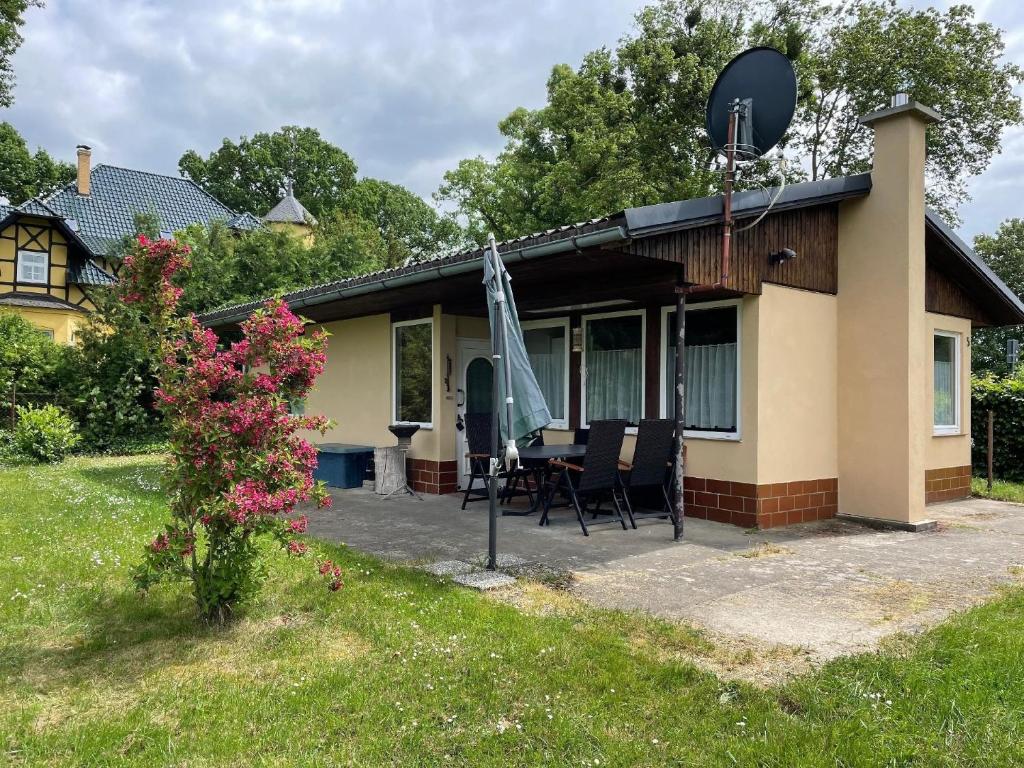 a house with a satellite in the yard at Ferienhaus in Dahmen mit Großem Garten in Dahmen