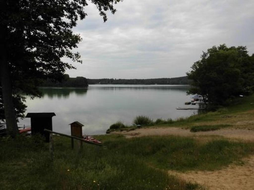 a view of a lake with a dock and a house at Appartement in Lychen mit Garten, Grill und Terrasse in Lychen
