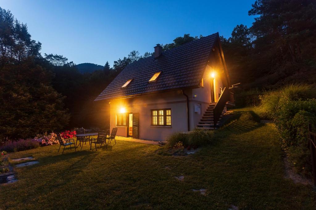 KostelにあるDomačija Marinčの夜の庭にピクニックテーブルがある小さな家