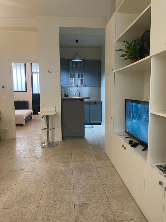 Il comprend un salon avec une télévision et une cuisine. dans l'établissement Chemin Vert, à Paris