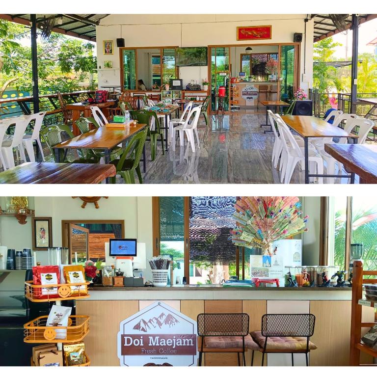 two pictures of a restaurant with tables and chairs at Jira Hotel in Lampang