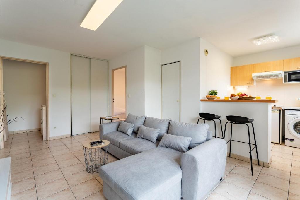 un salon avec un canapé et une cuisine dans l'établissement Le Petit Oranger - Appt avec balcon, à Strasbourg