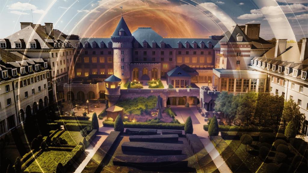 a rendering of a building with a rainbow in the background at Dream Castle Hotel Marne La Vallee in Magny-le-Hongre