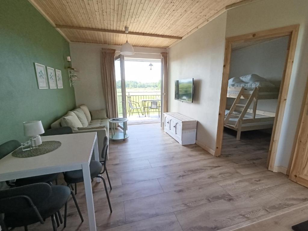 Televízia a/alebo spoločenská miestnosť v ubytovaní Apartamenty Poświata - z widokiem na łąki