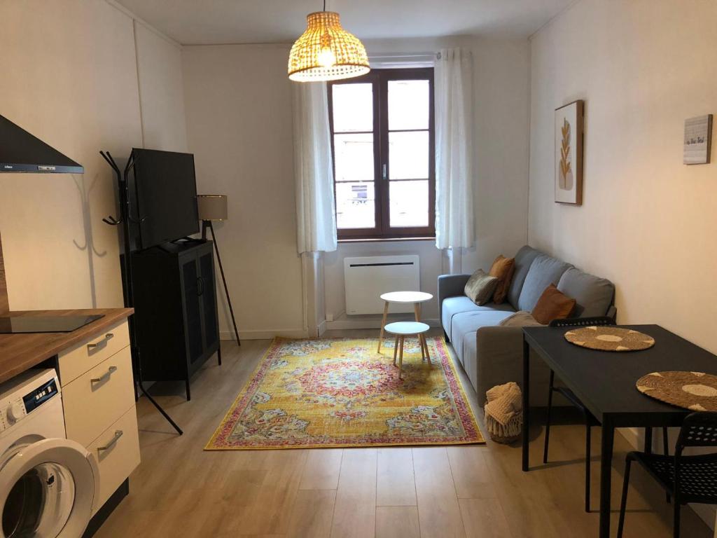 ein Wohnzimmer mit Sofa und Tisch in der Unterkunft Les 4 vents in Belfort