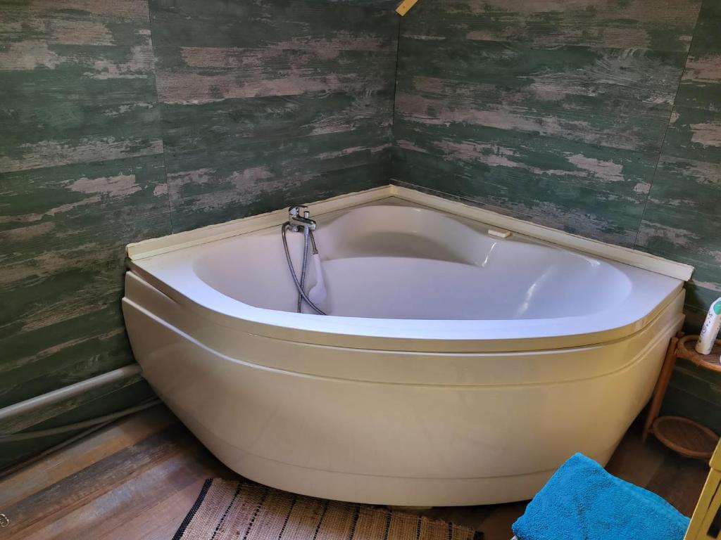 La salle de bains est pourvue d'une baignoire et d'un mur vert. dans l'établissement Penty breton,océan plages et petits ports à 15 minutes, à Riec-sur-Bélon