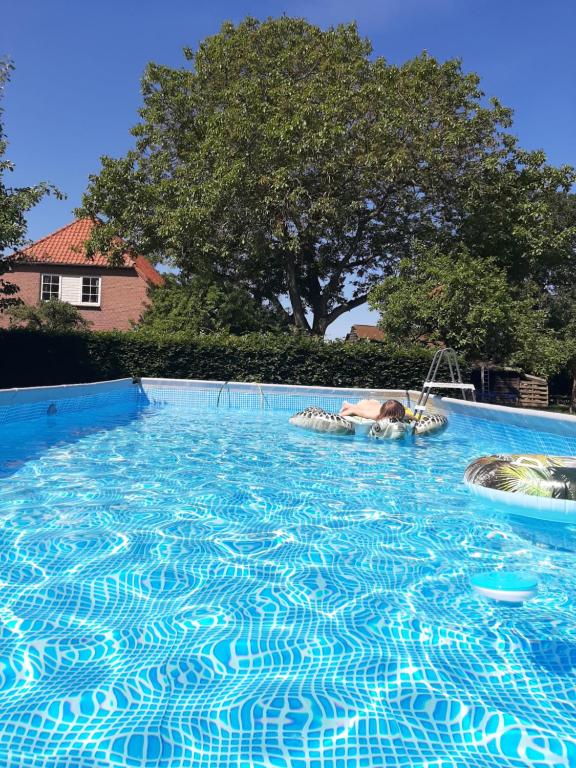 a person laying in a large swimming pool at Hof van Eden in Ophemert