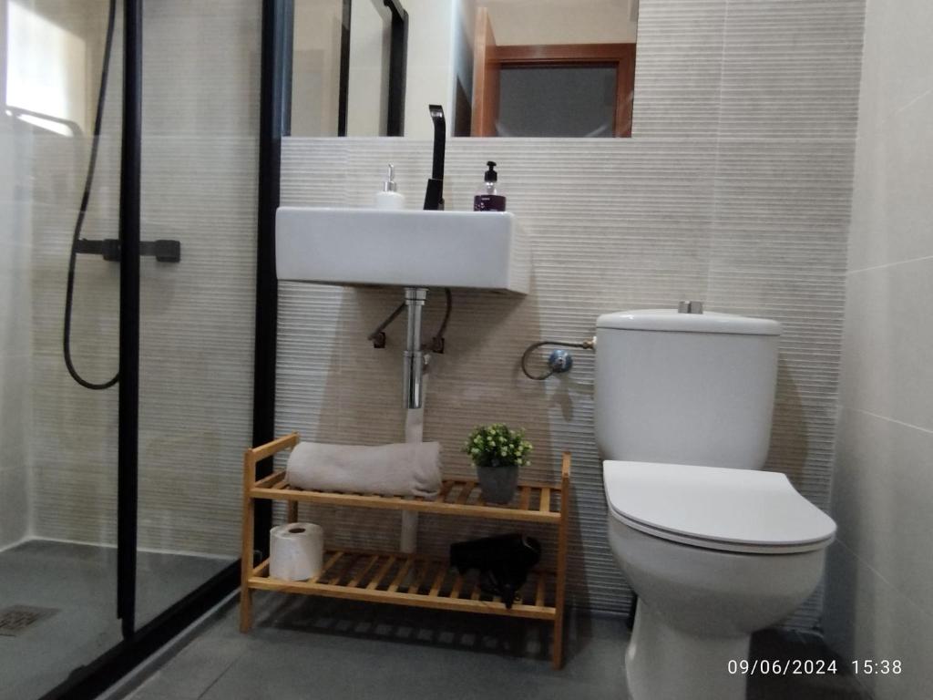 une salle de bains avec toilettes, lavabo et douche dans l'établissement Apartamento reformado con terraza vistas al mar y a las piscinas de Magic World garaje y piscina frente a Balneario Aire acondicionadowifi, à Oropesa del Mar