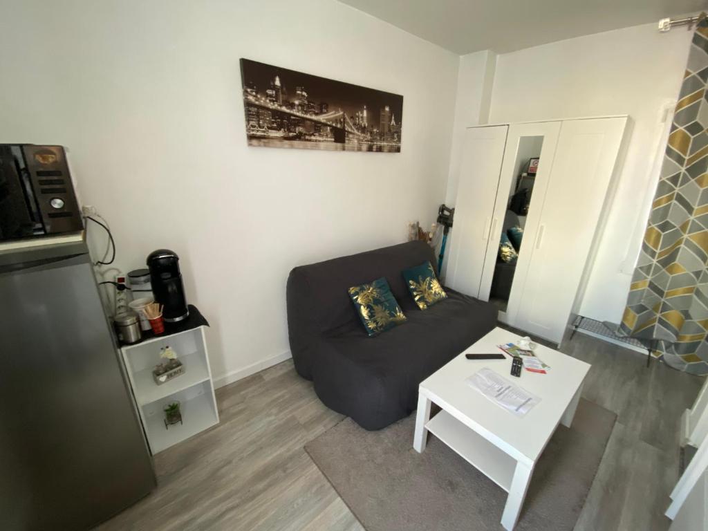 un petit salon avec un canapé et une table dans l'établissement Studette 13m2, à Bagnolet