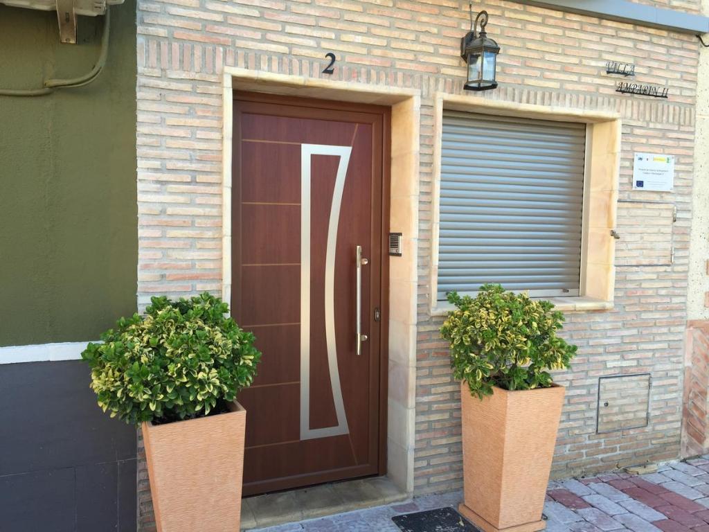 a brown door with two potted plants in front of a building at Villa Amparin II in Valentín