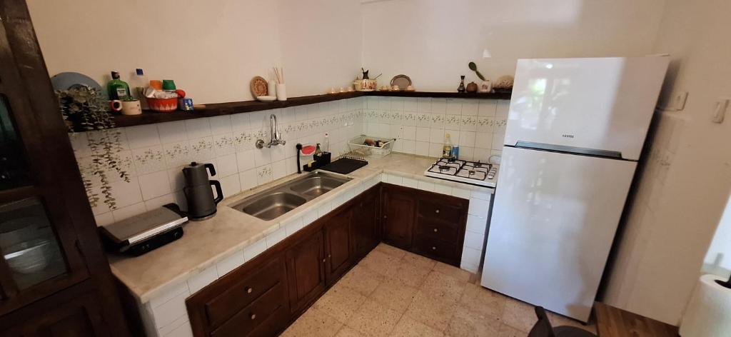a kitchen with a white refrigerator and a sink at Summer house in Urla "Apartment 1" in Urla