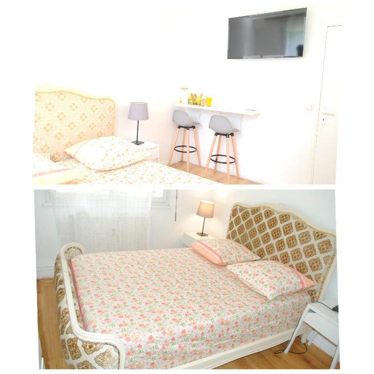 deux photos d'une chambre avec un lit et une table dans l'établissement Beautiful decorated Classy Appartment, Évry-Courcouronnes