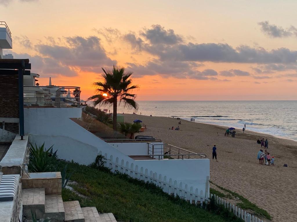 a beach at sunset with a palm tree and the ocean at Maison d'hôte sur la Plage de Bouznika in Bouznika