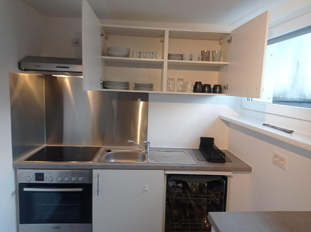 une cuisine avec un évier et une cuisinière dans l'établissement Work and Stay Sundern-Allendorf Modernisierte Unterkunft mit 5 Betten plus Schlafcouch mit Balkon, à Allendorf