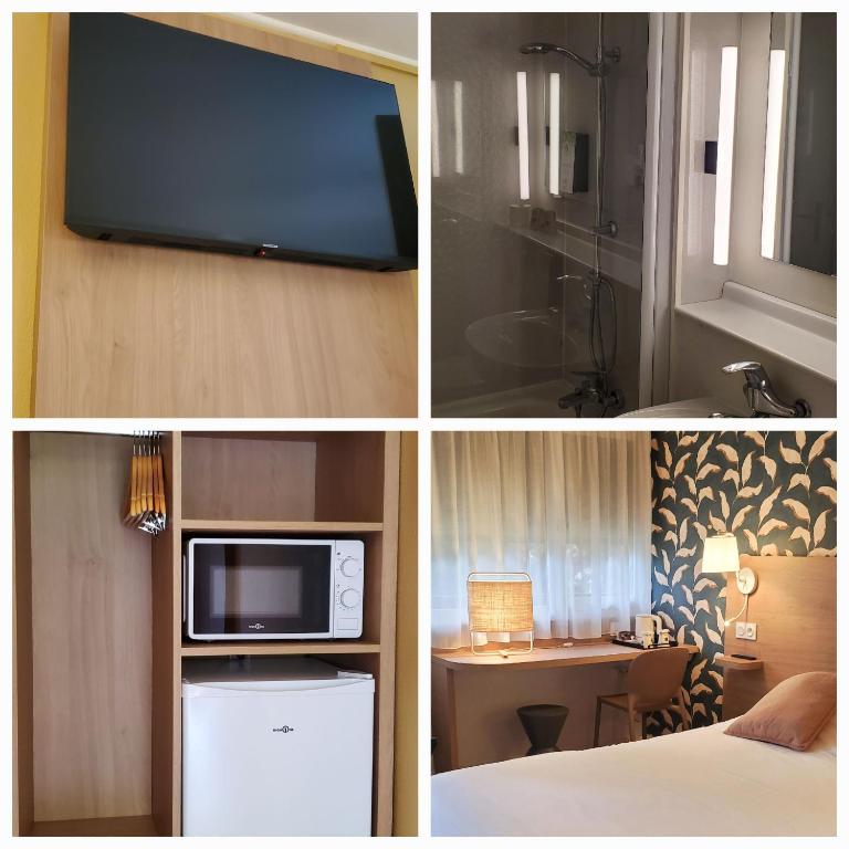 une chambre d'hôtel avec une télévision et une chambre avec un lit dans l'établissement KYRIAD HONFLEUR - La Riviere Saint Sauveur, à Honfleur