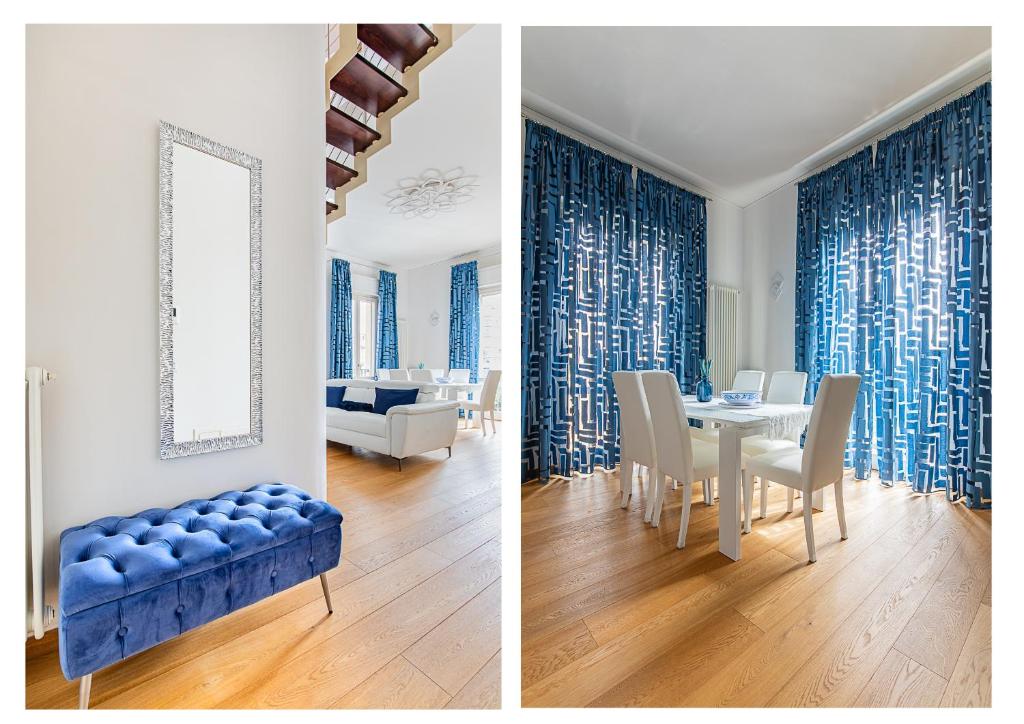 two pictures of a dining room and a living room at Elena House Apartments in Viareggio