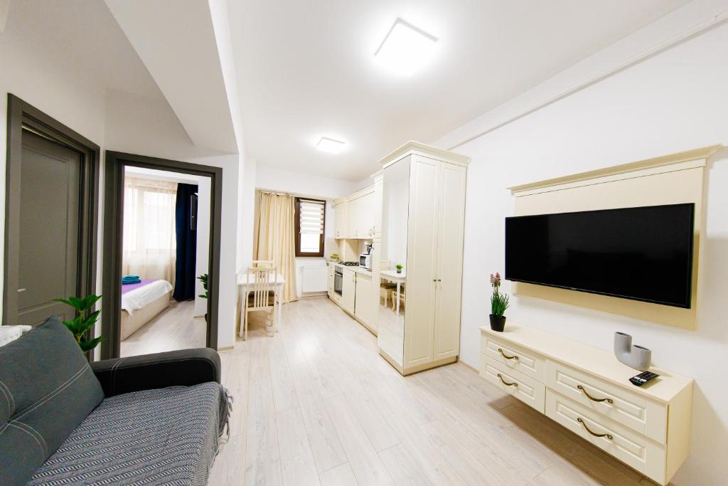a living room with a couch and a flat screen tv at DEKO Apartments & Studios Near Palas Mall in Iaşi