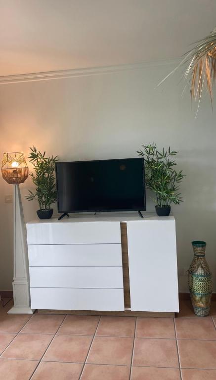 TV o dispositivi per l'intrattenimento presso Couleur Caraïbes-TI EVASION appartement dans un hôtel 3 étoiles vue mer