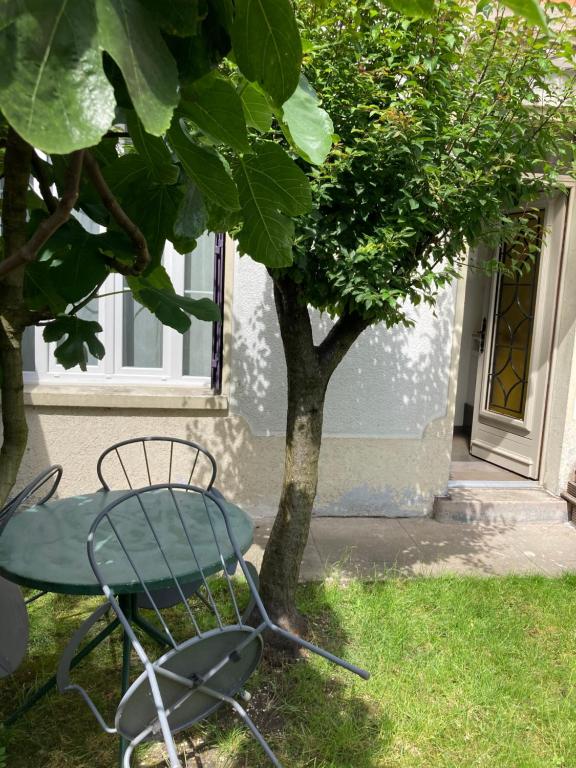 une chaise assise dans l'herbe à côté d'un arbre dans l'établissement Chambre d'hôte havre de paix, à Noisy-le-Sec