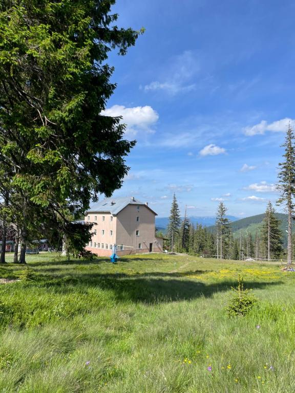 a large field with a house in the distance at Оаза in Dragobrat