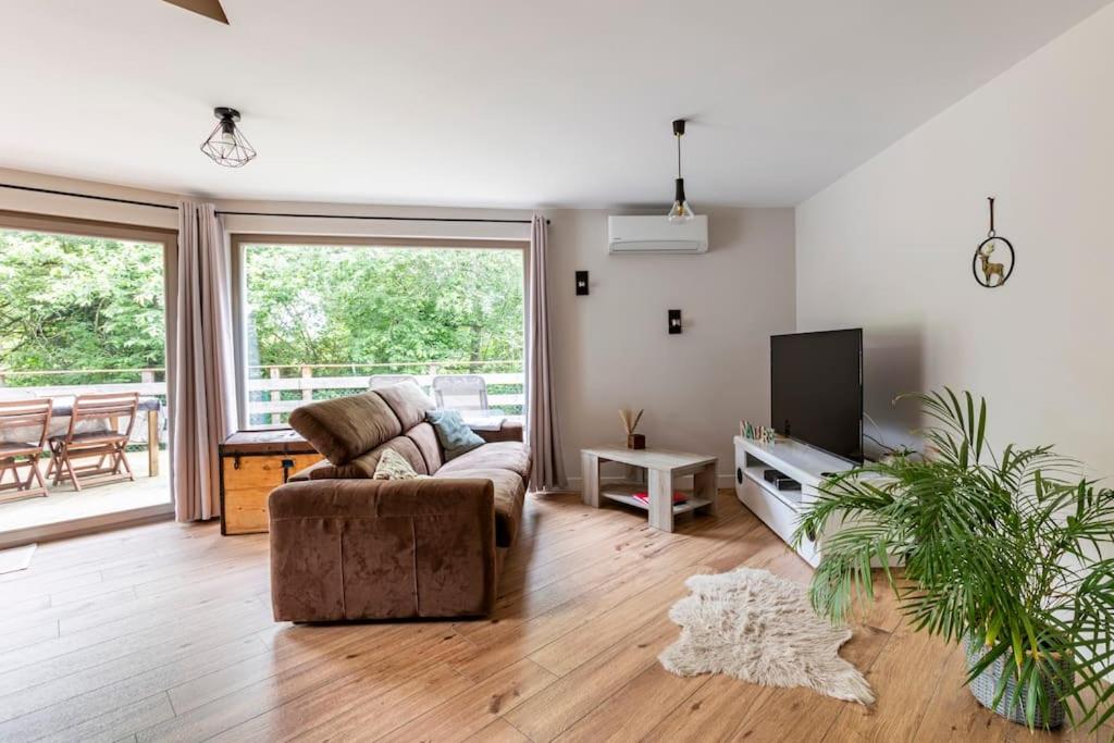 a living room with a couch and a tv at LE PANORAMIQUE gîte au calme avec jacuzzi in Soultzbach-les-Bains
