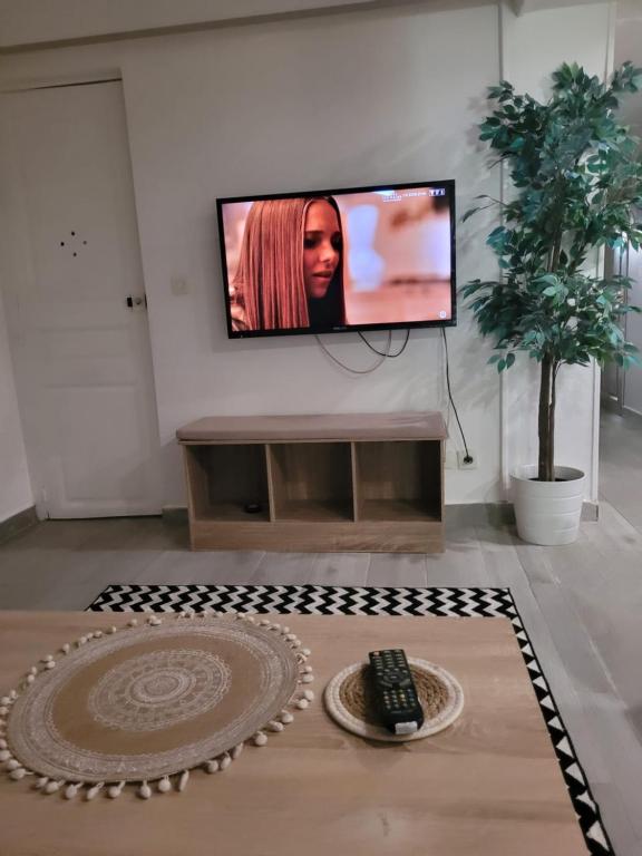 un salon avec une télévision à écran plat sur un mur dans l'établissement Joli rez de jardin, à La Seyne-sur-Mer