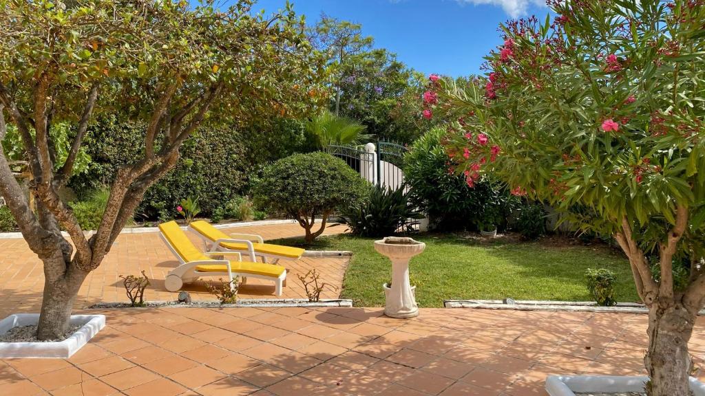 a patio with yellow chairs and trees and pink flowers at Casa dos Arcos in Olhos de Água
