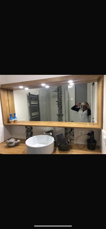 une salle de bain avec un lavabo et un miroir dans l'établissement Appartement duplex en résidence familiale et surveillée de 2 chambres à deux pas de paris avec sa place de parking et son jardinet Pas de fêtes, à Bagneux