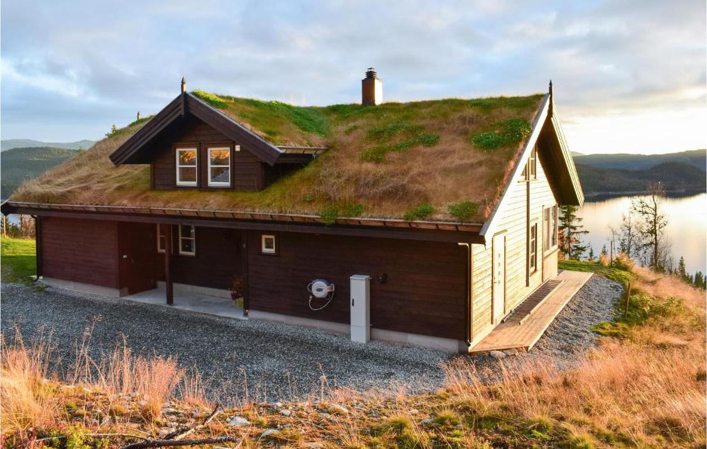 a small house with a grass roof on a hill at Lovely Home In Hjartdal With Sauna in Hjartdal