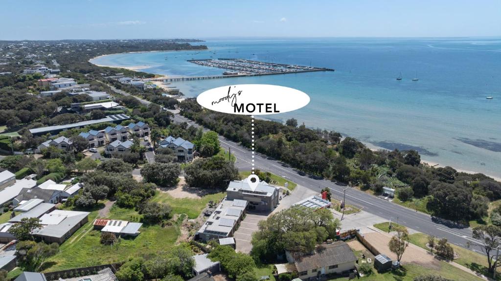 an aerial view of the beach and the ocean at Moody's Motel in Blairgowrie