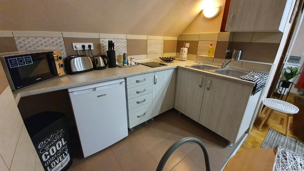 Kuchyň nebo kuchyňský kout v ubytování Ágnes Vendégházak Siófok-apartman 2
