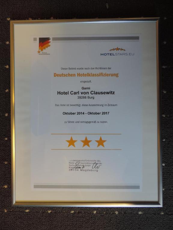 Certifikát, hodnocení, plakát nebo jiný dokument vystavený v ubytování Hotel Carl von Clausewitz