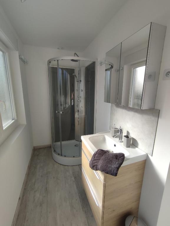 une salle de bain blanche avec un lavabo et une douche dans l'établissement Au coeur de l'occitanie, à Cuq