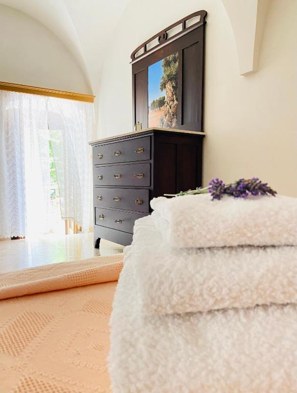 洛科罗通多Casa di Giacomo的一间卧室，配有两张床和一个带镜子的梳妆台