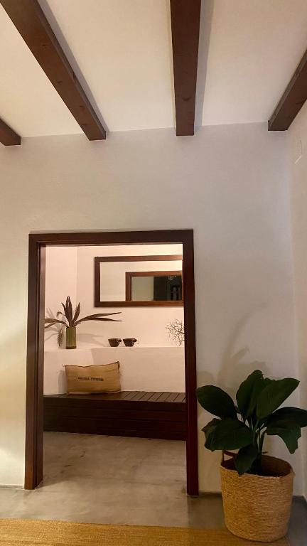 a mirror in a room with a potted plant at Casa Moni con Vistas al Mar in Playa de Santiago