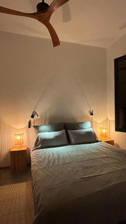 a bedroom with a bed with a ceiling fan at Casa Moni con Vistas al Mar in Playa de Santiago