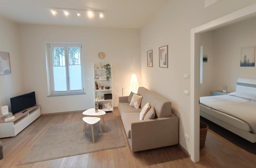 a living room with a couch and a bed at Santa Chiara NUOVO Appartamento in centro di Bra in Bra