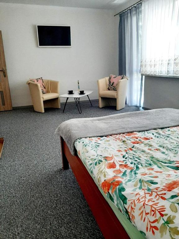 a bedroom with a bed and two chairs and a tv at FALEZA Dębina in Debina