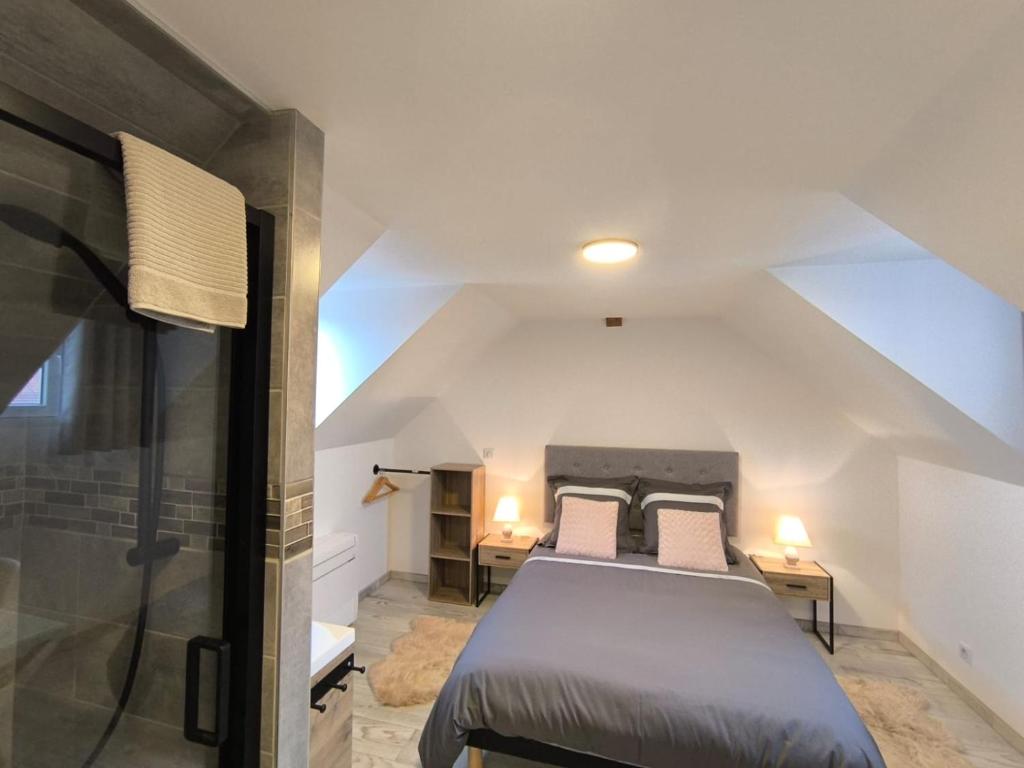 a attic bedroom with a bed and a shower at Gite Bonheur et Charme Spa-Sauna in Kintzheim