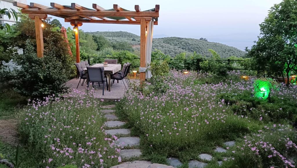 a garden with a table and chairs under a pergola at Mikros Paradisos Pelion in Áyios Vlásios