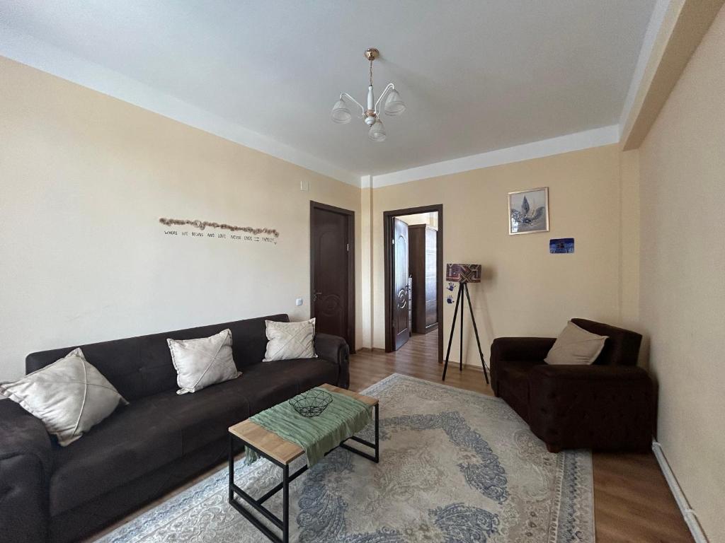 a living room with a black couch and a chair at Family Trip in Kutaisi