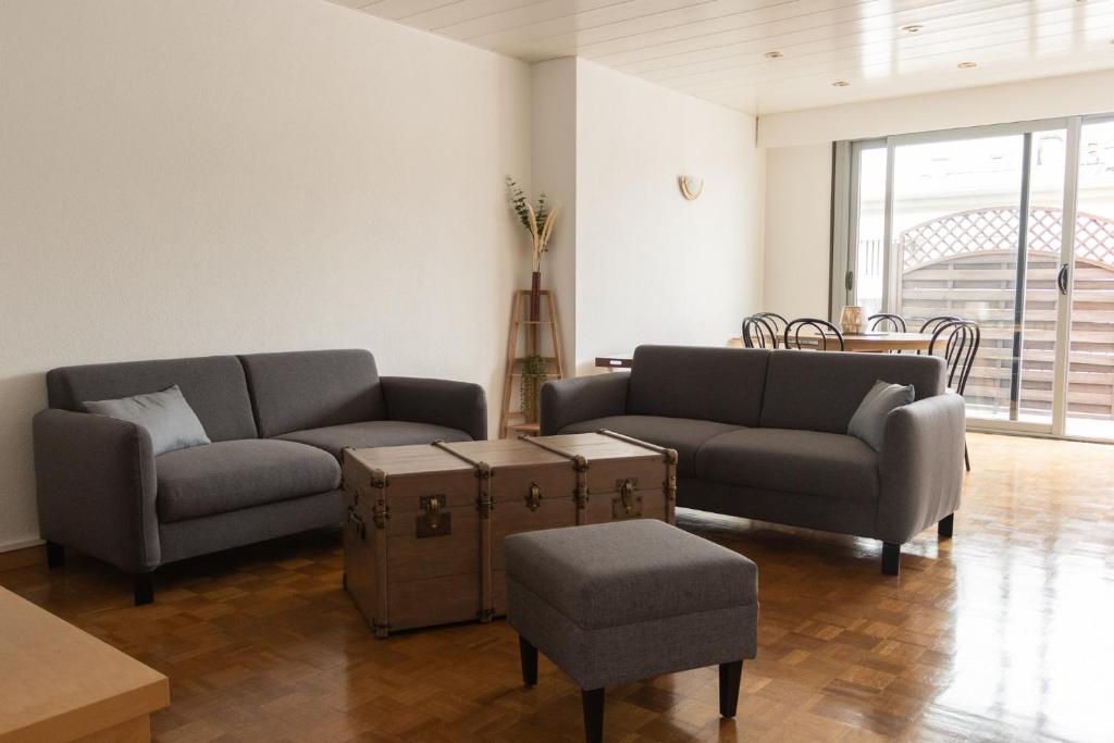 un salon avec deux canapés et une table dans l'établissement Appartement Rénové 10 minutes à Pied du Coeur de Colmar, à Colmar